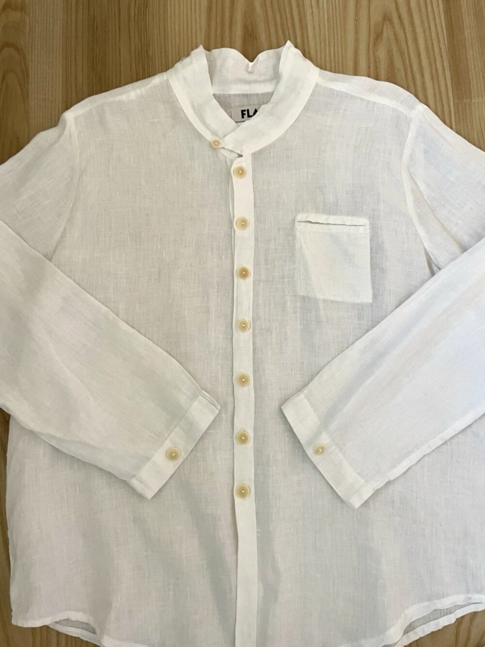 FLAX 100% Linen Mandarin Collar Button Down Shirt Crisp White size Small - Picture 3 of 5